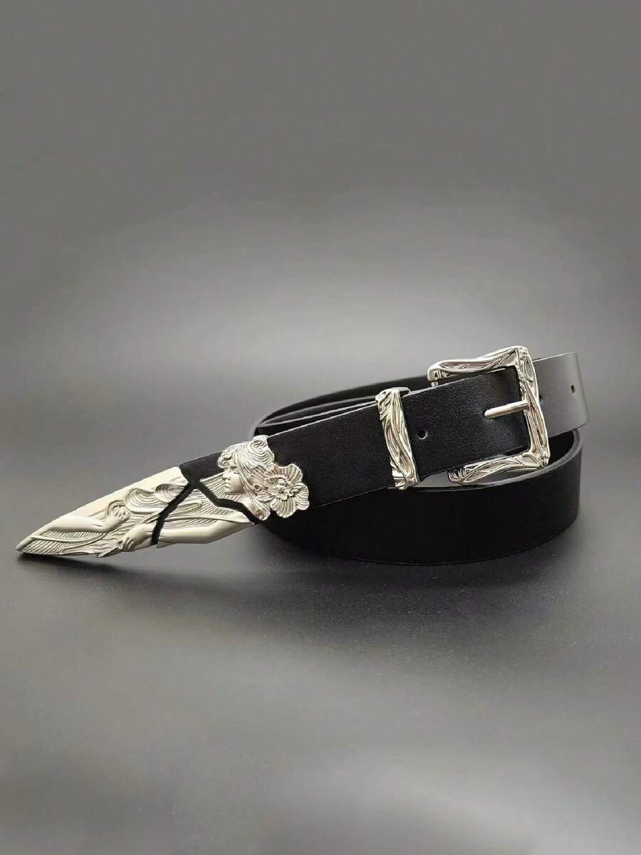 1件朋克金属西部剑士新款雕刻时尚腰带，复古皮革腰带，男女通用设计，适合秋季、万圣节、秋冬季配饰，适合青少年、青年、男士，休闲、户外、运动、度假、毕业礼物、生日、日常穿着 - 黑色 - 查看 1