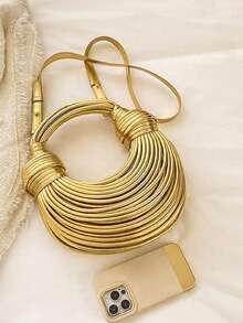 New Fashion Classic Handmade Woven Bag Decoration Design Retro Heavy Shoulder Bag, Noodle Bag, Ladies' Purse, Suitable For Shopping, Commuting To Work, Party Gathering. - 金色 - 查看 6