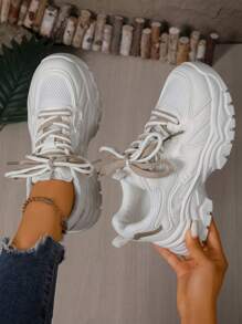 女士加大码厚底厚底运动鞋，秋季新款休闲运动鞋，时尚厚底运动鞋 - 白色 - 查看 3