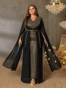 Faeriesty Kurvenreiches, elegantes Maxikleid mit V-Ausschnitt und extra langen Ärmeln für Damen in Große Größen mit aufwendiger Stickerei: Perfekt für große Hochzeiten, hochkarätige Geschäftsgalas, Abendempfänge, renommierte Wohltätigkeitsveranstaltungen und diplomatische Empfänge