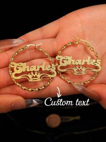 Customized Shiny Frosted Name Fried Dough Twists Ear Ring, Simple Style Personalized Charm Heart Shaped Crown Letter Lady Ring Ear Ring, Stainless Steel Exquisite Handmade Ear Ring Bride Wedding Jewelry Family Gift, Suitable For Mother's Day Gift, Birthday Anniversary Gift For Her
