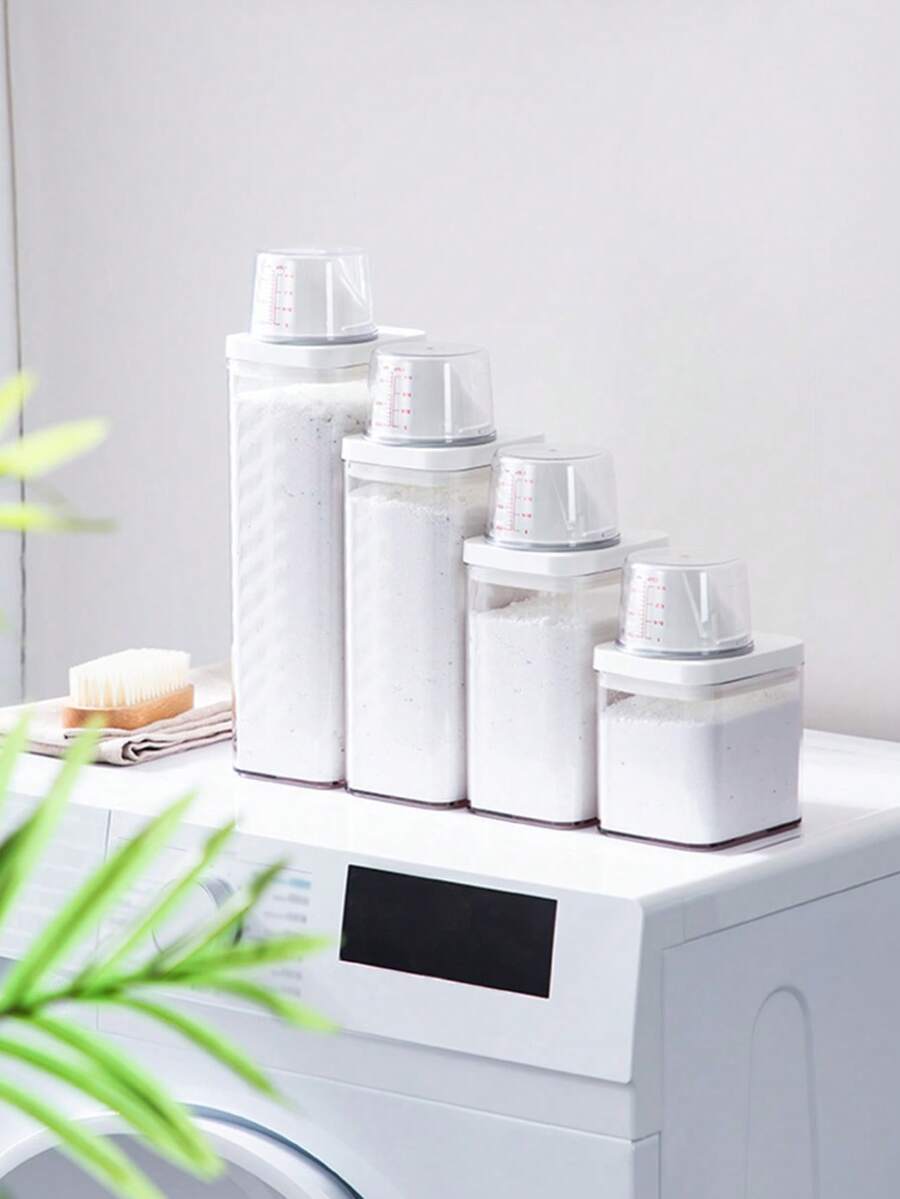 1 pieza Recipiente de almacenamiento transparente a prueba de humedad, multifuncional, a prueba de fugas con taza medidora, para detergente de ropa