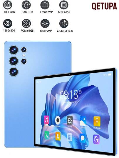 Qetupa Tableta PC Android 14 de 10.1 pulgadas, 3GB RAM + 64GB ROM, procesador MTK 6755 Quad-Core 1.3GHz, pantalla táctil HD (1280x800) IPS, Bluetooth 5.2 y WiFi 802.11ac 5, GPS, cámara frontal de 2MP y cámara trasera de 5MP, batería grande de 6000mAh, sin soporte para tarjeta SIM, regalo para vacaciones (adaptador no incluido)