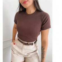 Kit 3 Women's Short Sleeve T-Shirt Blouse Plain And Striped Ribbed Cotton Long Basic - KIT 3 PLAIN BROWN - View 4