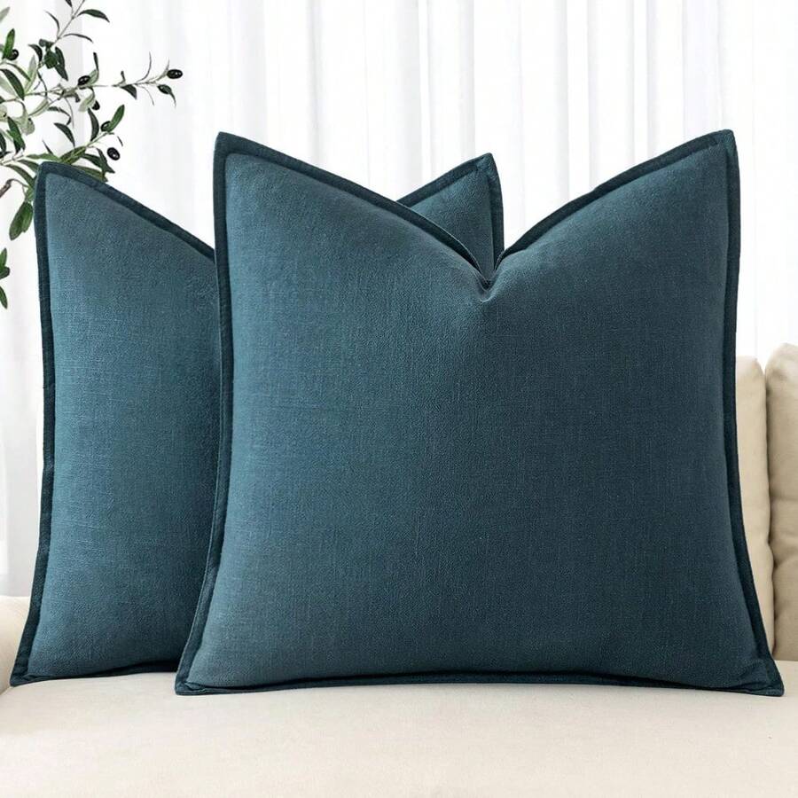 Local Delivery- Decorative Linen Pillow Covers 18x18 Inch Natural Beige Boho Farmhouse Neutral Couch Throw Pillows For Bed Pack Of 2 Accent Outdoor Pillowcase Modern Sofa Cushion Livingroom Home Decor - 藍色 - 查看 1