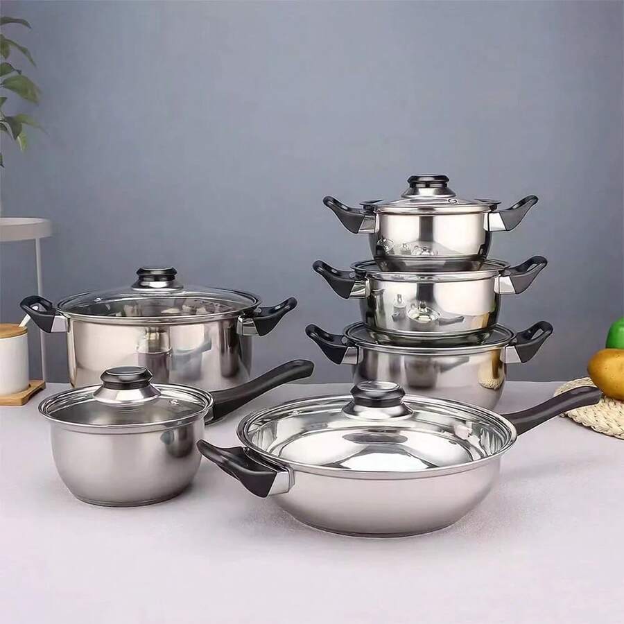 12pcs Stainless Steel Cookware Set - Multi-Use Soup Pots With Lids, Enhanced Capacity Design, Non-Stick & Scratch-Resistant, Compatible With All Stove Types, Ideal For Healthy Cooking