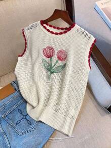 Women Floral Printed Elegant Knit Top, Simple Embroidered Hollow, Daily Wear, Travel, Date Night, All Seasons