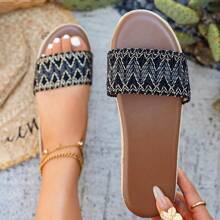 Plus Size Thick Sole Wedge Slippers For Women, Cross-Border Mid Heel Linen Straw Woven Flat Sandals, Bohemian Ribbons, Women Casual Beach Vacation Holiday Wedding Party Outdoor Sandals, Summer