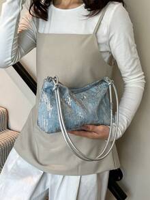 1 pièce Mini sac à bandoulière en PVC en forme de croissant de lune pailleté pour femmes - Bleu ciel - Voir 4