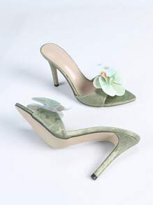 Sandalias de tacón alto para mujer, con correa con estampado de flores en relieve, puntera abierta, elegantes y sofisticadas, con textura superior con estampado floral, suela interior acolchada suave y cómoda, versátiles para primavera/verano, fiesta, exterior, oficina en color verde