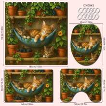 1/4 Stück Bequemes Badezimmer-Set im Katzenmotiv, bestehend aus Duschvorhang, Badematte, U-förmiger Toilettenvorlage, Toilettendeckel-Abdeckung, wasserdichter Duschvorhang, dekorativer Vorhang, moderne Badezimmer-Teilungsvorhang, ohne Bohren, aus Polyester, maschinenwäschbar, Schulanfang