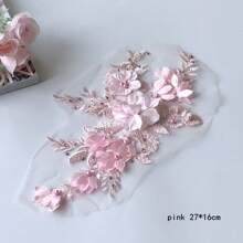 4/2pcs 3D Floral Lace Embroidered Appliques, Polyester With Shiny Sequins And Beads, Pink And White Flower Design, Suitable For Crafts, Wedding Bridal Decor, Home Decor, Art Supplies, Weaving, Embroidery Patches