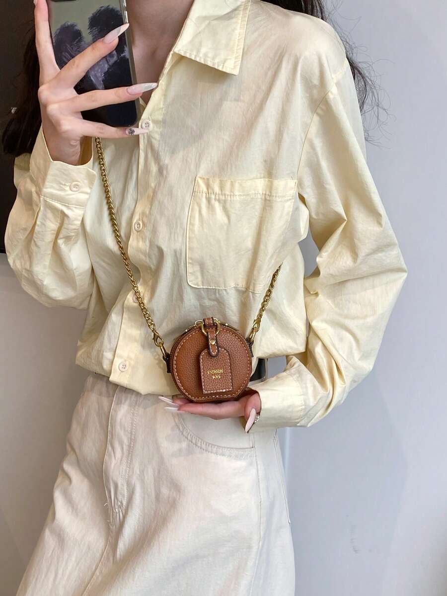 时尚女士圆形钱包零钱包斜挎包，可装钥匙、口红，迷你母子款，棕色