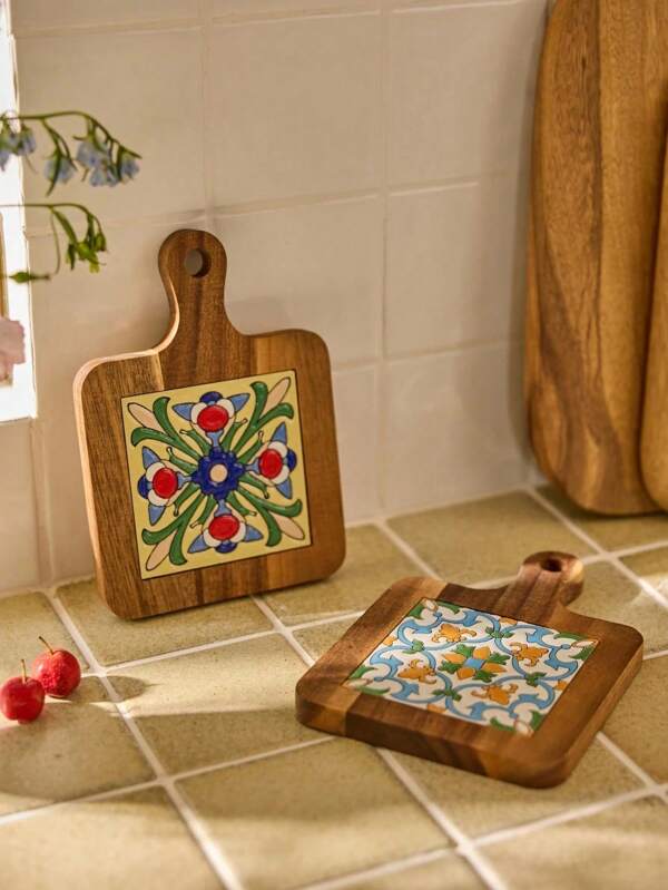 1PC Solid Wood Ceramic Tile Pattern Heat-Resistant Coaster - Retro Kitchen And Dining Table Mat, Suitable For Hot Pot, Flat Bottomed Pan, Cup, High Heat Protection, Handmade Home Decoration Gift