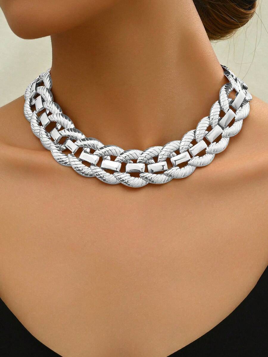 1 件个性化夸张欧美锁骨金属风格项链，适合派对和日常佩戴 - 銀色 - 查看 1