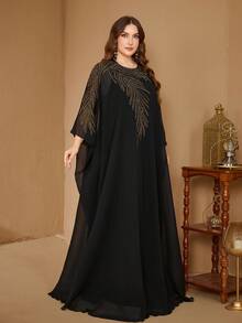 UNITHORSE Plus Size Women Round Neck Long Sleeve Heavily Embellished Chiffon Maxi Evening Dress Black Spring Fall - Black - View 7