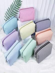 Necessaire de Tule com Listras, Bolsa Cosmética de Grande Capacidade, Organizador de Viagem com Listras Bordadas