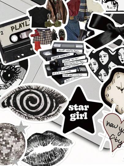 50개 Y2K 심미적 매트 블랙 & 화이트 PVC 스티커, 록, 패션, 음악 디자인, 스케이트보드, 기타, 수화물 DIY, 프로젝트 및 실외 장식용 기타 스티커에 적합