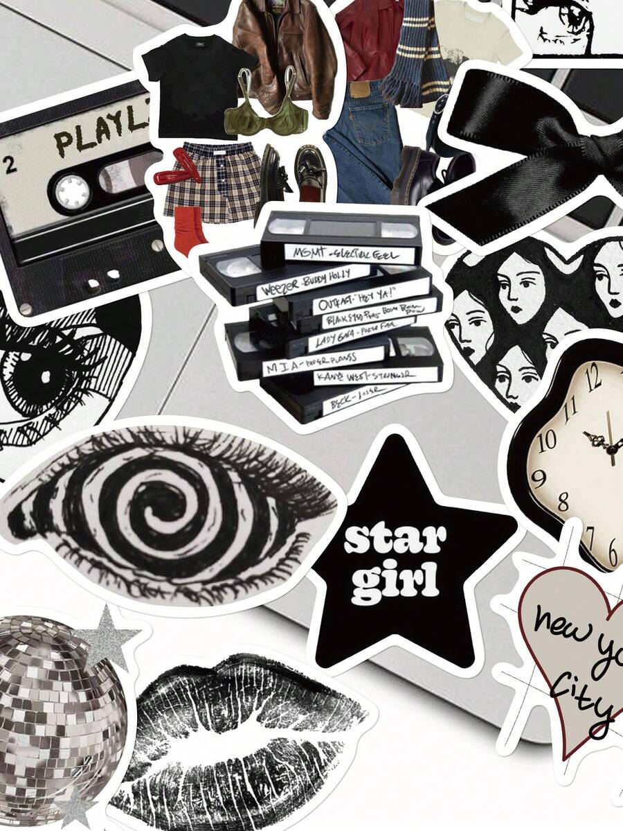 50 张 Y2K 美学哑光黑白 PVC 贴纸，带有摇滚、时尚和音乐设计，适用于滑板、吉他、行李箱 DIY、项目和户外装饰吉他贴纸 - 彩色 - 查看 1