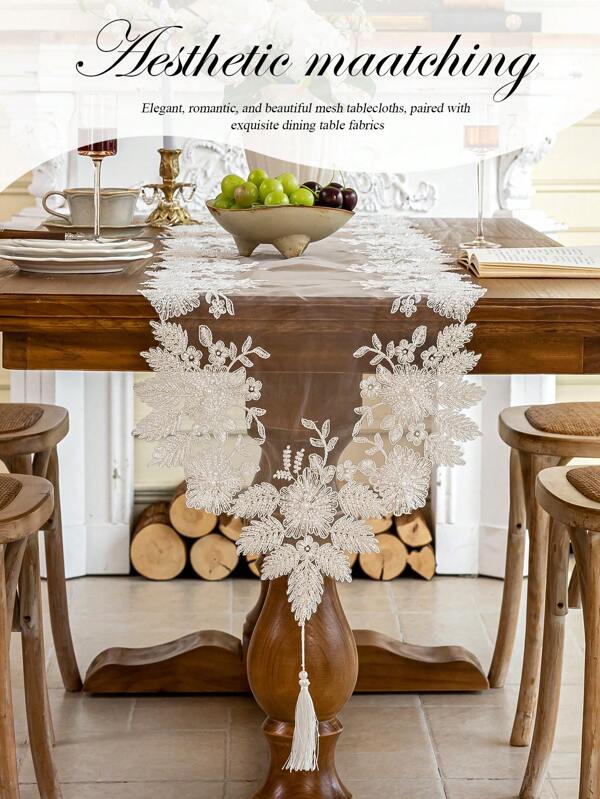 1 pieza Exquisito camino de mesa bordado en 3D con flores y cuentas, estilo palaciego elegante, romántico europeo, bordado detallado, adecuado para cocina, comedor, sala de estar, hogar, fiesta, hotel, restaurante, boda, banquete, decoración de mesa de comedor para celebraciones festivas, regalo de vacaciones, disponible en múltiples tamaños y para todas las estaciones
