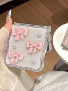 粉色蝴蝶结仿珍珠装饰 Galaxy Z Flip 6/5/4/3 可折叠手机壳，硅胶防震保护套，轻巧奢华时尚防水防摔防刮 - 無色 - 查看 3