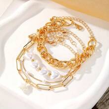 Set de 4 piezas de pulseras de mujer con encantos de corazón y estrella, acento de perla sintética, cadena gruesa de eslabones - Joyería de aleación versátil y elegante para fiestas, de múltiples capas