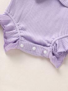 2pcs Set Casual Elegant Sweet Cute Baby Girl Romper, Soft Breathable, Solid Color Hollow Lace Tassel Trim Dress Bodysuit And Headband Set