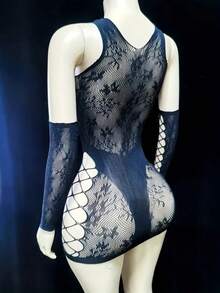Sexy Black Lace Tight-Fitting Sleeve Dress, Hollowed-Out Design, Solid Color, Suitable For Romantic Date Night