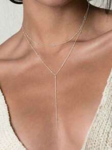 1 Pc Stainless Steel Double-Layer Necklace Long Pendant Necklace Jewelry Y-Shaped Chain With Round Ball Pendant Double Chain Necklace For Women Daily Wear
