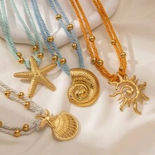 1pc Multi-Layer Colorful Thick Rope Starfish & Seashell Stainless Steel Necklace, Suitable For Women's Daily Vacation Wear