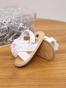 Yibubu White Infant Girls Shoes Flower Hook And Loop Sandals Lightweight Non-Slip Comfy Infant Shoes First Walking Newborn Infant Summer - White - View 6