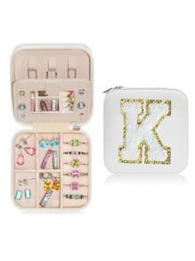 1pc Portable Travel Jewelry Box, Custom Lettered (A-Z) Organizer, Multi-Layer Jewelry Case With Mirror And Makeup Brush Holder, Suitable For Rings, Necklaces For Women Storage Organizer Travel Essentials Back To School Dormitory Storage