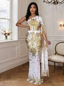 1pc One-Shoulder Long Sleeve Mesh & Sequin Patchwork Party Dress