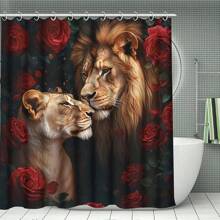 1/3/4 Stücke Löwen- und Rotrosendesign wasserdichter Polyester Duschvorhang, begehbare Duschvorhang mit 12 Haken, rutschfeste Badematte, Toilettensitzabdeckung und U-förmige Auflage, moderne Badezimmer Accessoires, Heim- und Badezimmerdekoration für den Schulanfang