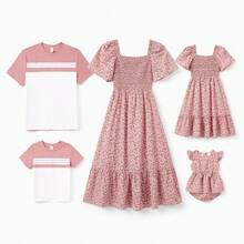 PatPat Family Matching Blue Cotton Colorblock Tee Shirt Or Flora Print Smocking Puff-Sleeve Dress Set - 粉色 - 查看 1