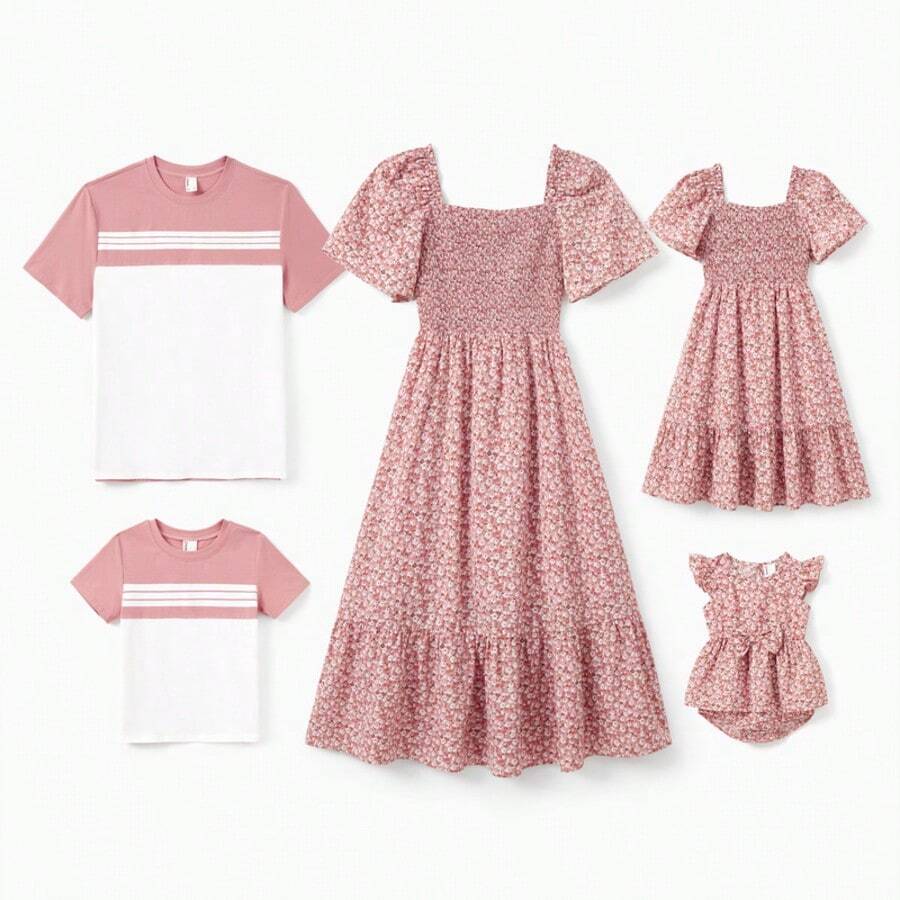 PatPat Family Matching Blue Cotton Colorblock Tee Shirt Or Flora Print Smocking Puff-Sleeve Dress Set - 粉色 - 查看 1