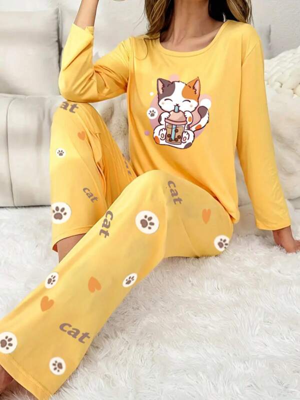 Women's Yellow Cartoon Cat Print Pajama Set, Long Sleeve Round Neck Top & Heart-Shaped Cat Paw Print Long Pants, Thin Casual Sleepwear & Loungewear For Spring, Autumn & Winter