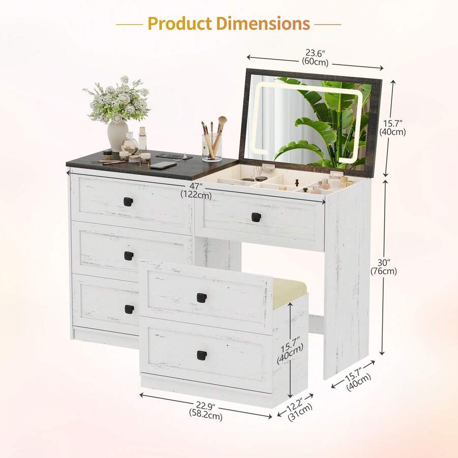 Farmhouse Vanity Desk With Flip Top Mirror And Lights,47" W Makeup Vanity With Hidden Lockable Drawer,3 Drawers And Cushioned Stool,Charging Dressing Table For Bedroom - 白色 - 查看 1