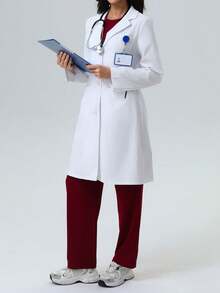 女士长袖口袋实验服/工作服/工作服，适用于护士、牙医、医疗保健人员、宠物医院、实验室，春季白色 - 白色 - 查看 5
