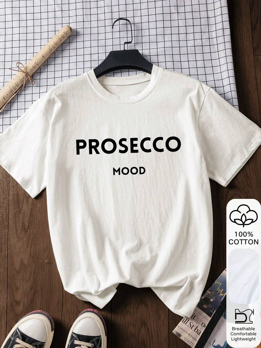 PROSECCO字母印花100%纯棉短袖T恤，女士夏季T恤，图案T恤，休闲夏季穿搭，纯棉T恤，夏季上衣，印花设计，女士夏季T恤，上衣，夏季服装，度假装，旅行装，沙滩风，简约度假服饰 - 白色 - 查看 1