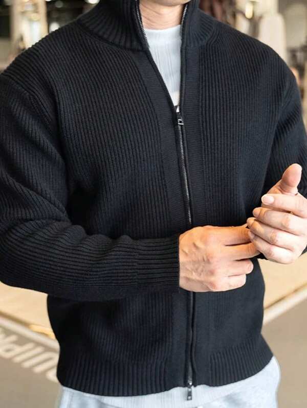 Herren Stehkragen Pullover mit Doppelreißverschluss, vielseitiger Strick-Alltagspullover