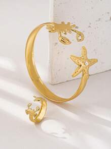 1pc Marine Style Sea Star & Crab Charm Bracelet, 1pc Marine Style Sea Star & Crab Decor Ring