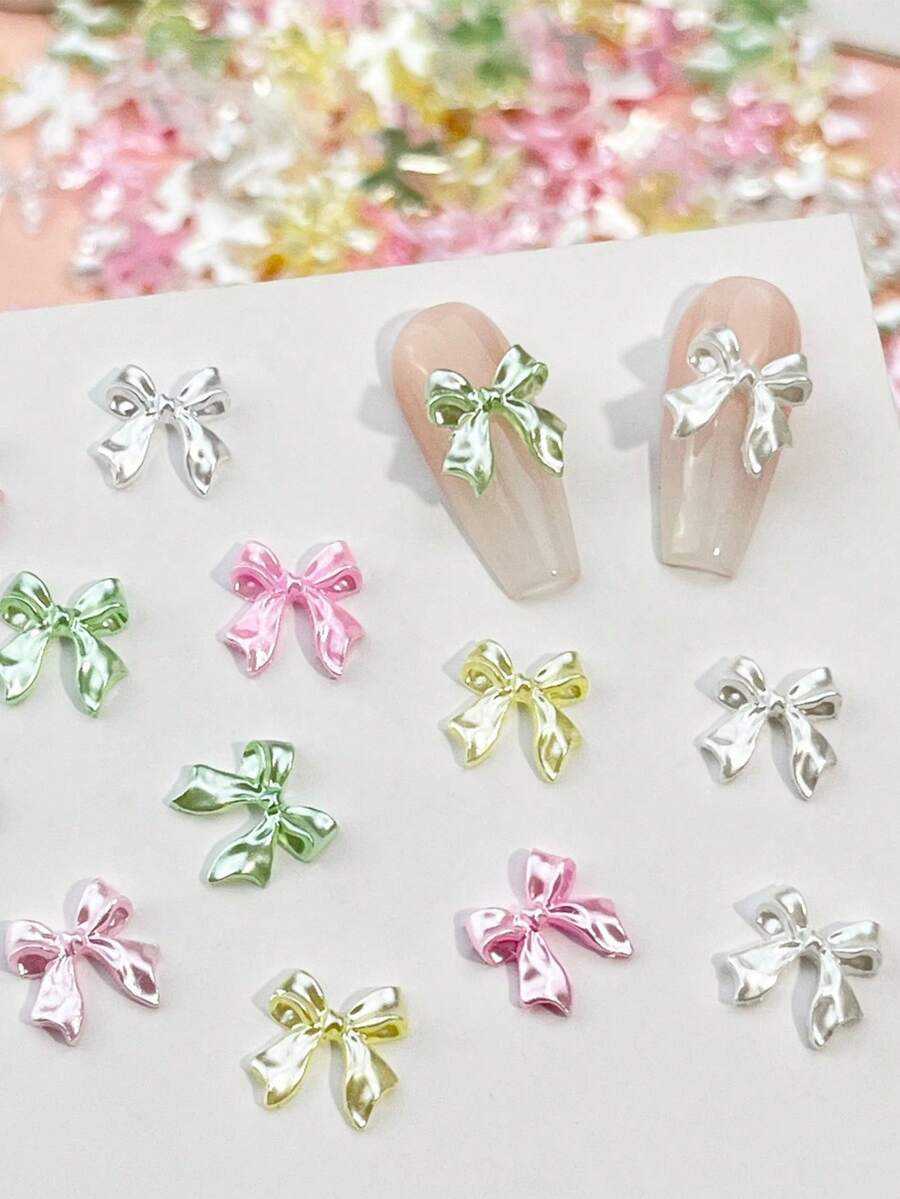 100Pcs Viral Bowknot Nail Charms - Pearl-Iridescent Woven Ribbon Bows With Hypoallergenic Resin Base, Flat-Back Embellishments For Press-On Nail Art Nail Supplies Nails Nail Gems - Multicolor - View 1