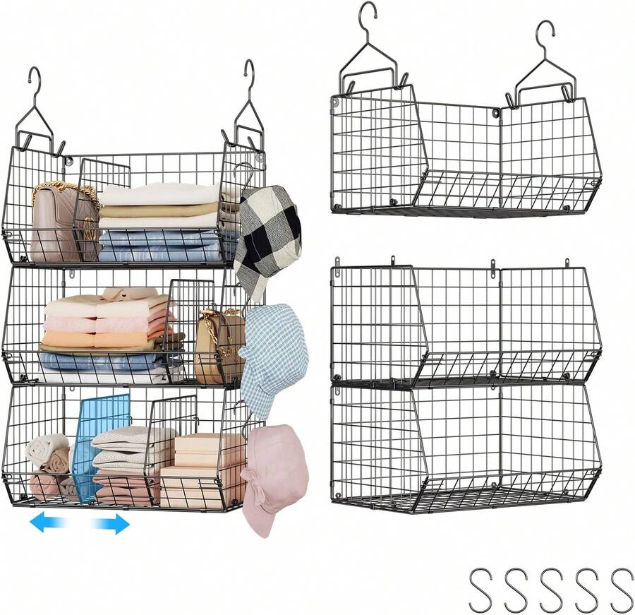 3 Tier Closet Hanging Shelves With Divider, Extra Large Closet Organizers And Storage, Clothes Hanging Organizer Clothing Sweaters Handbags Clutches Accessories - Black and White - View 1