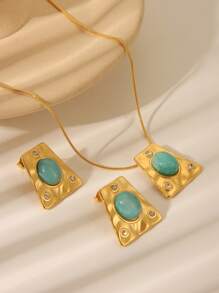 Juego de 3 piezas de collar colgante de acero inoxidable con baño de oro de 18 quilates, piedra de ojo de gato verde y forma geométrica de rombo, joyería de estilo europeo y americano de moda adecuada para regalo de mujer para fiesta y cumpleaños