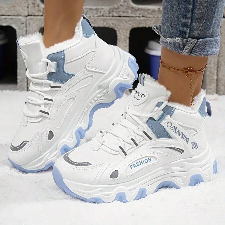 2026 Winter Women's Daddy's Shoes With Thick Velvet And Padded Fabric. High-Top Sports Snow Boots With Waterproof And Cold-Proof Features. Women's Outdoor Sports Shoes, Stylish And Versatile, A Must-Have For Winter. - 藍白色 - 查看 1