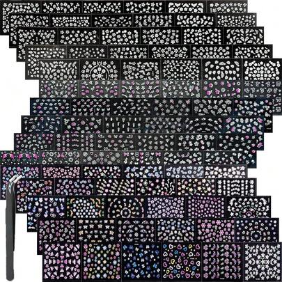 4000 piezas Pegatinas de arte de uñas de colores, 90 piezas con patrón de flores blancas y rosas, Pegatinas de uñas 3D autoadhesivas, 1 pieza de pinzas incluidas Suministros para uñas