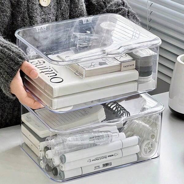 1pc Desktop Organizer Box, Acrylic Transparent Dust Cover Storage Rack For Office Supplies, Desk Accessories