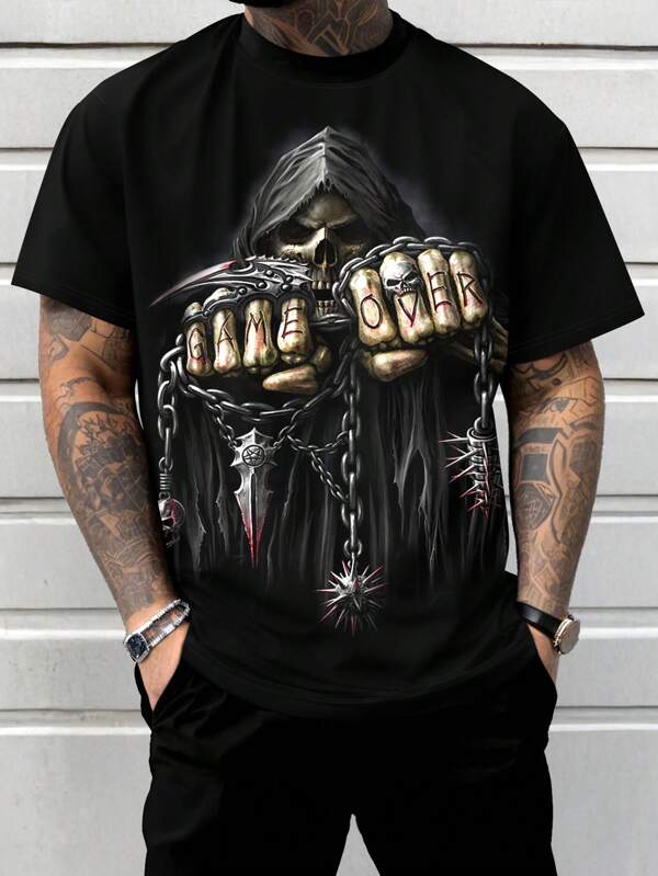 Plus Size Men's Casual Skull Printed Round Neck Short Sleeve T-Shirt, Summer, For Halloween