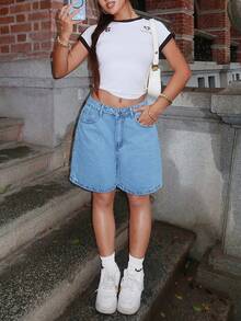 Quần short denim thường ngày Bermuda màu trơn có túi dành cho nữ - Rửa nhẹ - Xem 3